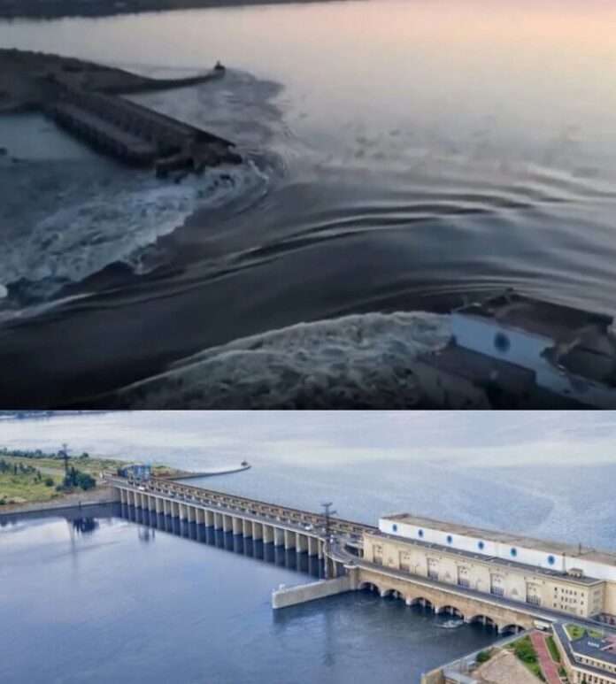 Nova Kakhovka dam before and after